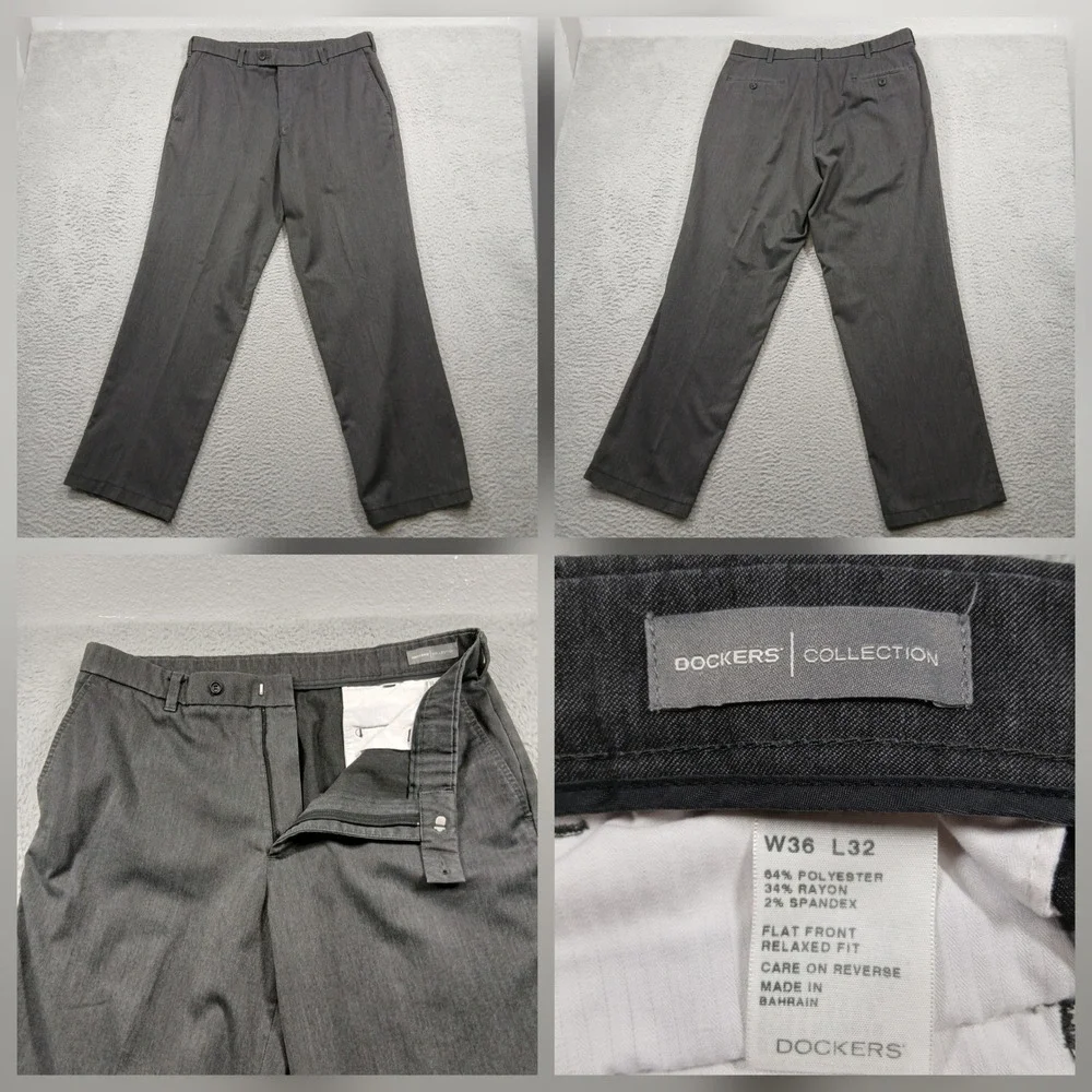 Dockers Collection Dress Pants Mens 36x32 Gray Flat Front Relaxed‎ Fit Stretch